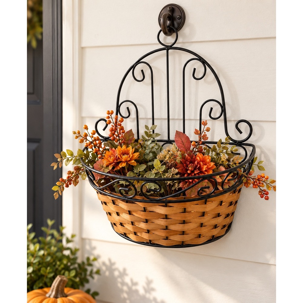 Black Metal Wall Hanging Basket Woven Wicker Scroll Farmhouse Decor 13"